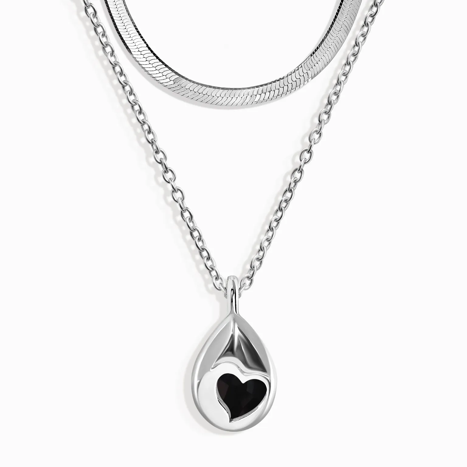 Black Obsidian Hidden Heart Necklace & Herringbone Chain