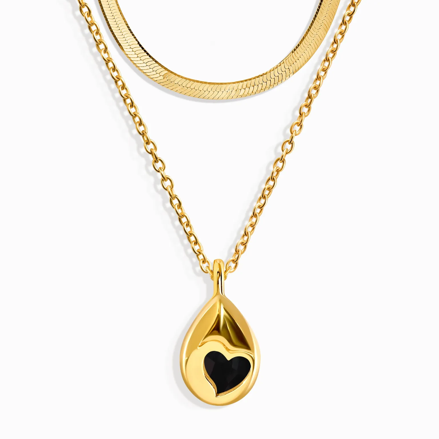 Black Obsidian Hidden Heart Necklace & Herringbone Chain